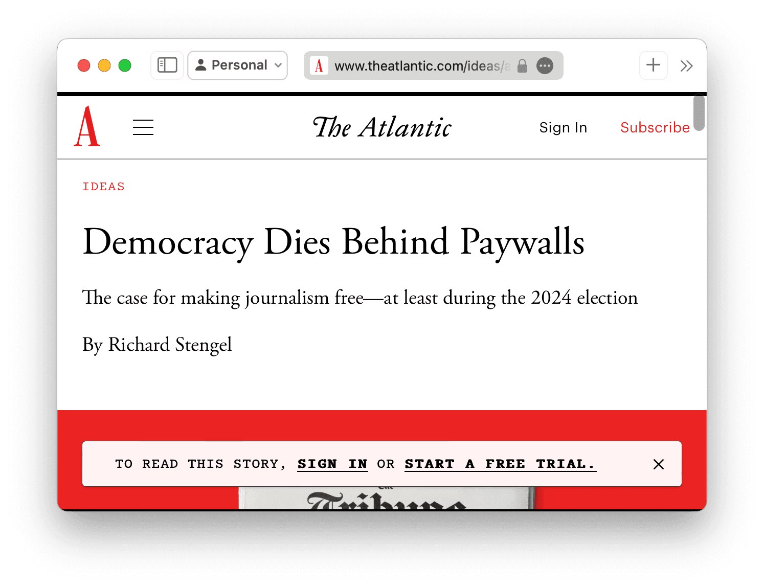 A screenshot showing a democracy paywall hypocritical